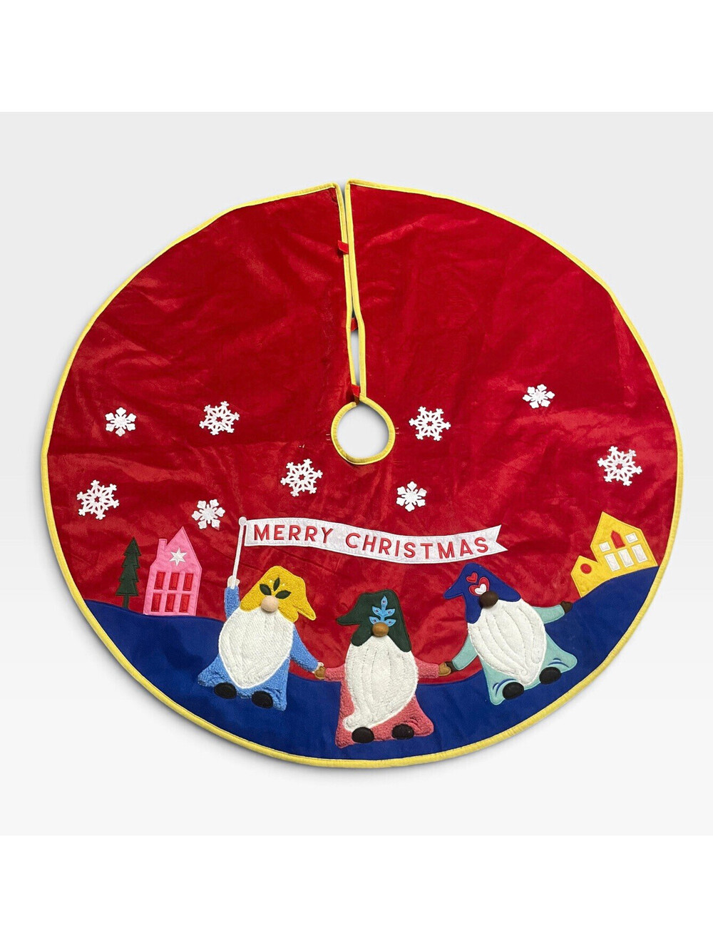 Holiday Gnome Christmas Tree Skirt Red Velvet Applique Snowflake Gnomes Border